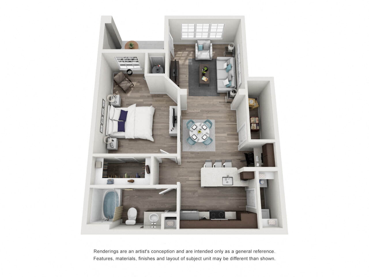 Floor plan for 1 bed, 1 bath, 768 sqft